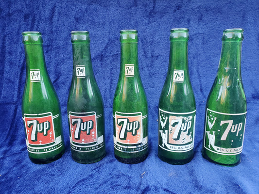 Five Vintage 7-Up ACL Bottles – California Bottlers – 1948–1956