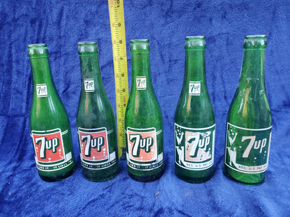 Five Vintage 7-Up ACL Bottles – California Bottlers – 1948–1956