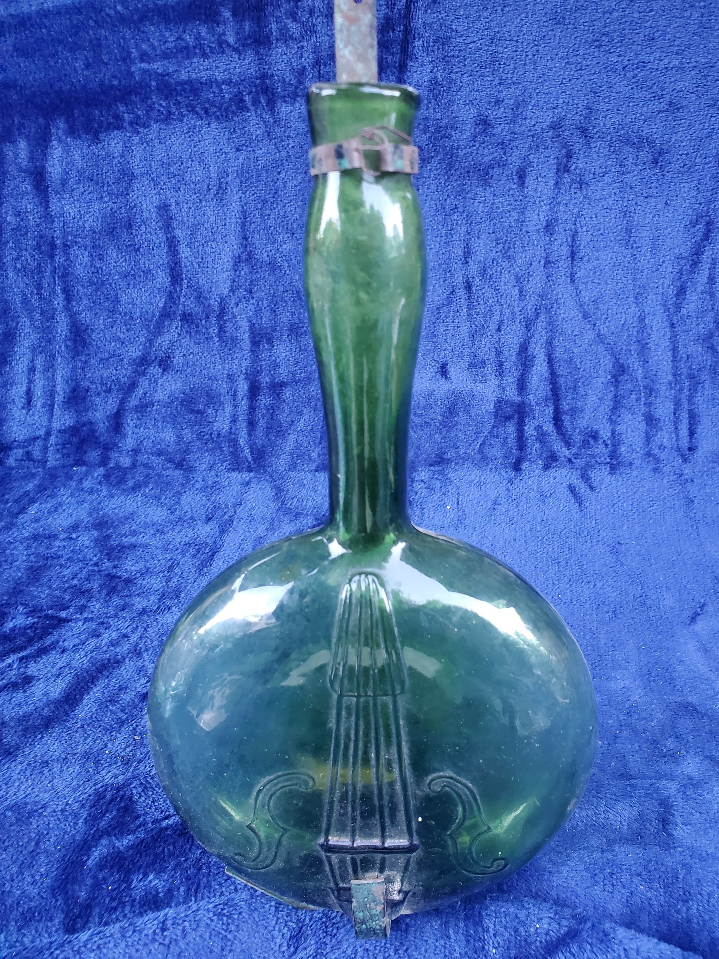 Vintage Violin Glass Flask - 1860–1890 Original copper/iron band and strap