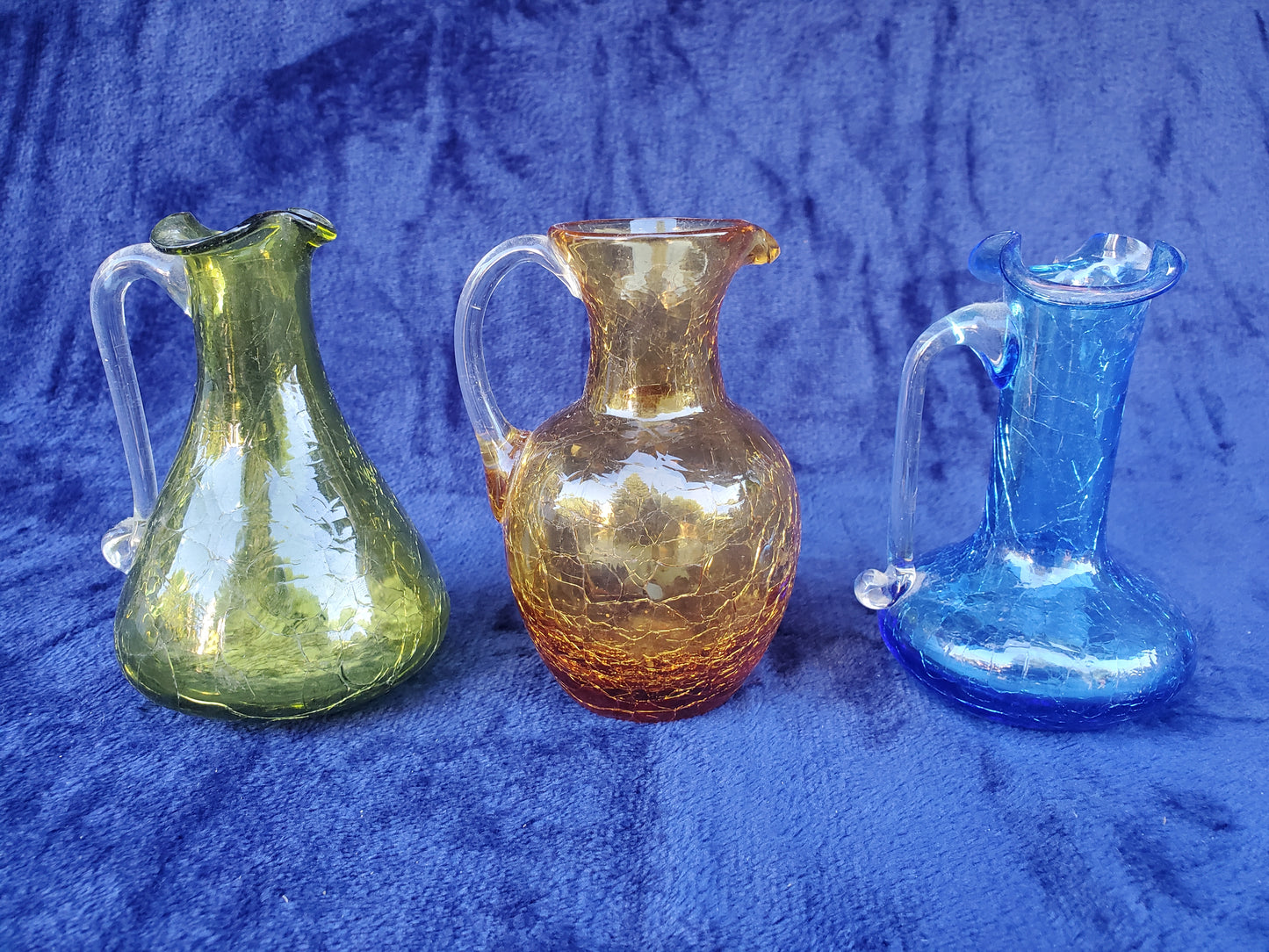 Three (3) Hand-Blown Crackle Glass Pitchers 1950s–1980s