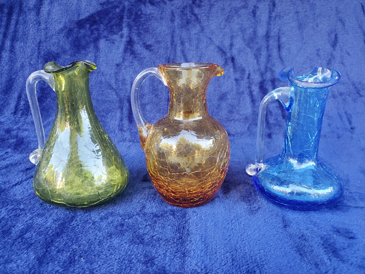 Three (3) Hand-Blown Crackle Glass Pitchers 1950s–1980s