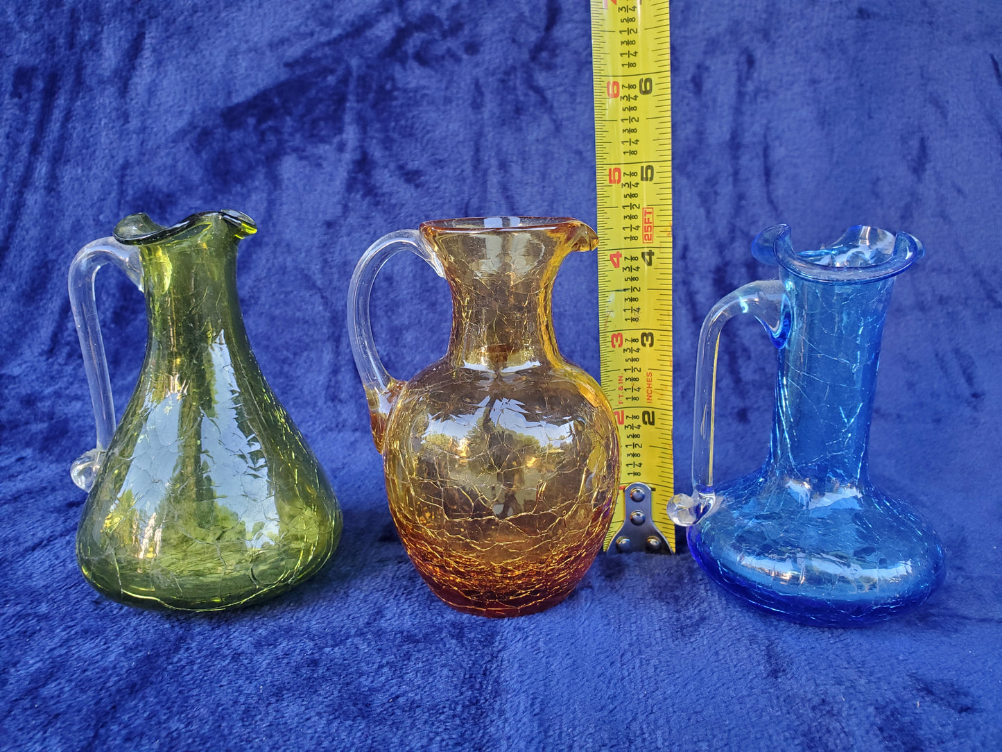 Three (3) Hand-Blown Crackle Glass Pitchers 1950s–1980s