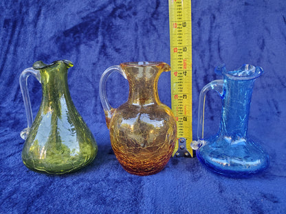 Three (3) Hand-Blown Crackle Glass Pitchers 1950s–1980s
