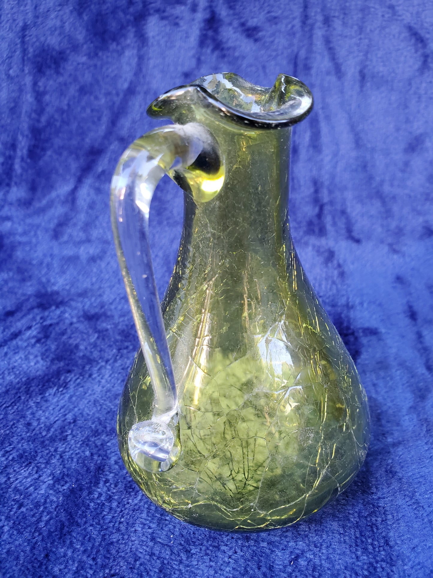 Three (3) Hand-Blown Crackle Glass Pitchers 1950s–1980s