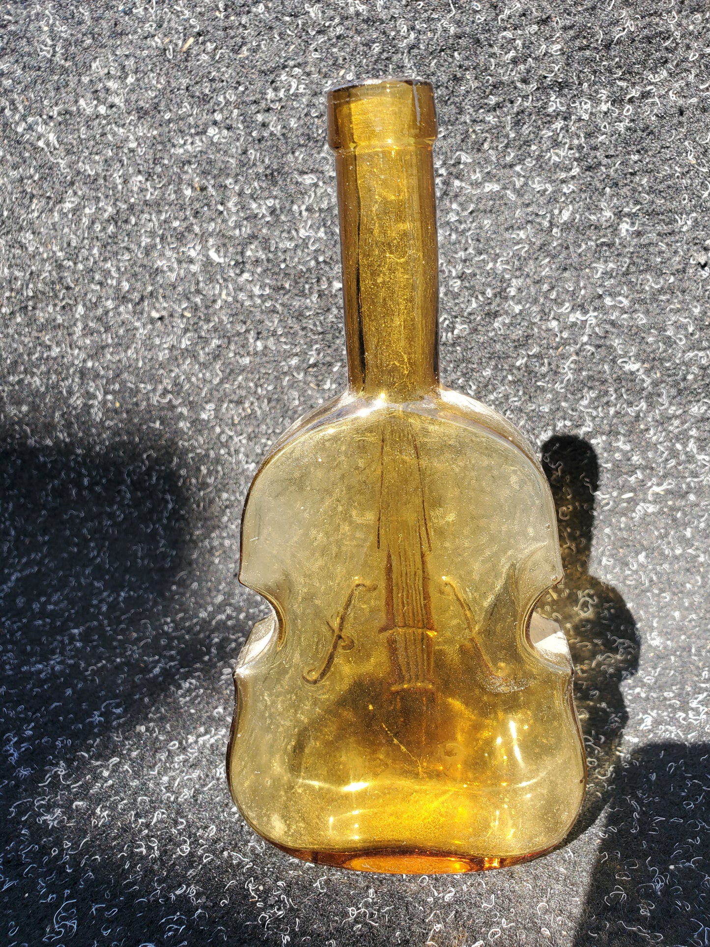 Set of four (4) Figural VIOLIN bottles (amber, 2 blue, green)
