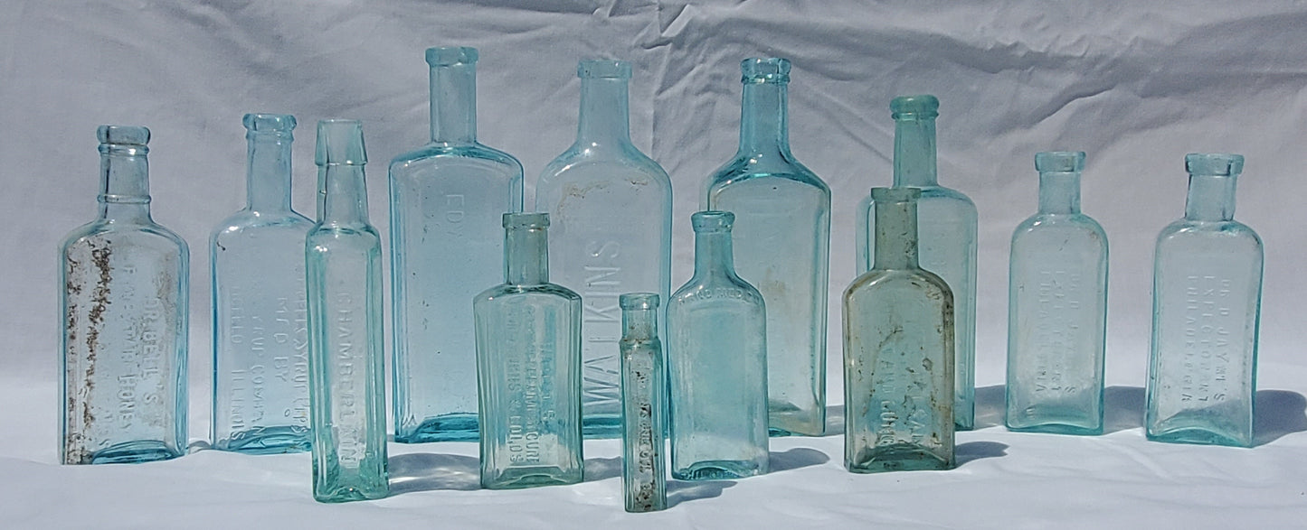 13 Antique Aqua Medicine & Apothecary Bottles – Embossed Glass Collection – 1800s/Early 1900s