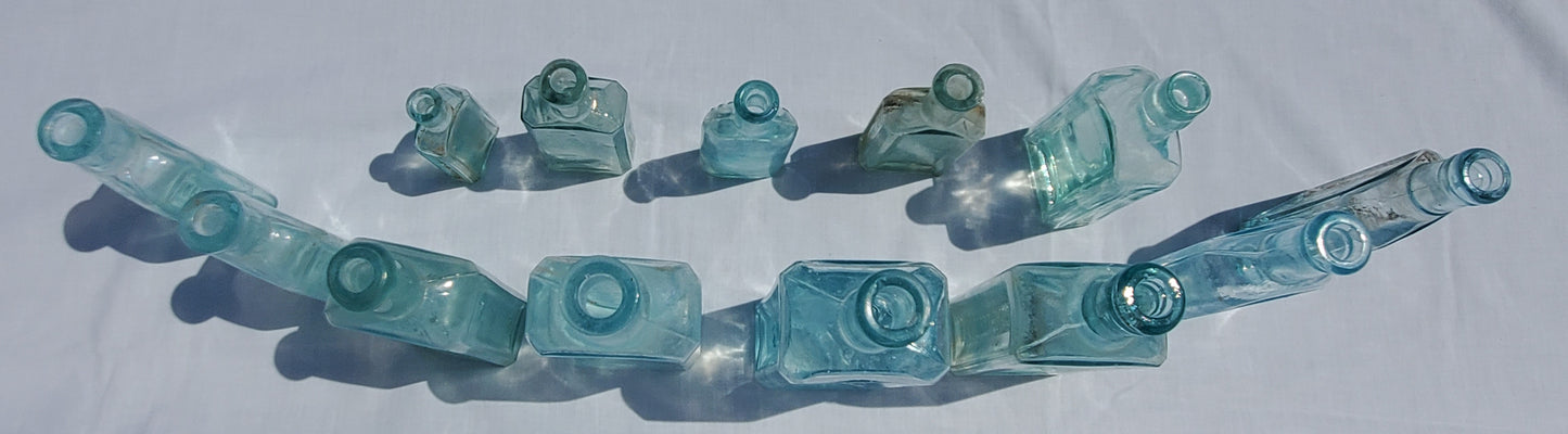 13 Antique Aqua Medicine & Apothecary Bottles – Embossed Glass Collection – 1800s/Early 1900s