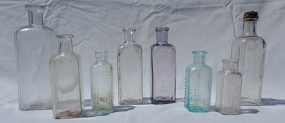 8 Antique Apothecary & Medicine Bottles – Aqua, Clear & Lavender Glass – 1800s/Early 1900s