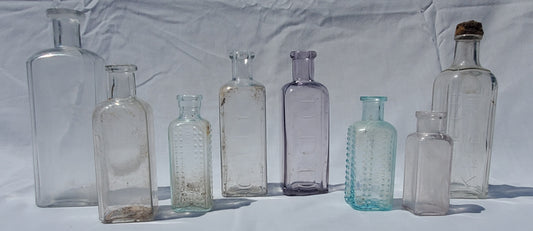 8 Antique Apothecary & Medicine Bottles – Aqua, Clear & Lavender Glass – 1800s/Early 1900s