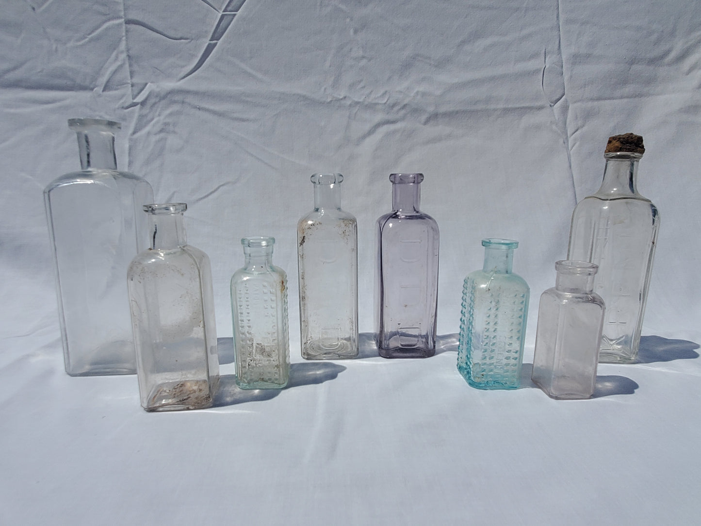 8 Antique Apothecary & Medicine Bottles – Aqua, Clear & Lavender Glass – 1800s/Early 1900s
