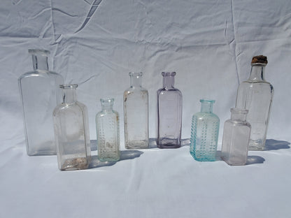 8 Antique Apothecary & Medicine Bottles – Aqua, Clear & Lavender Glass – 1800s/Early 1900s