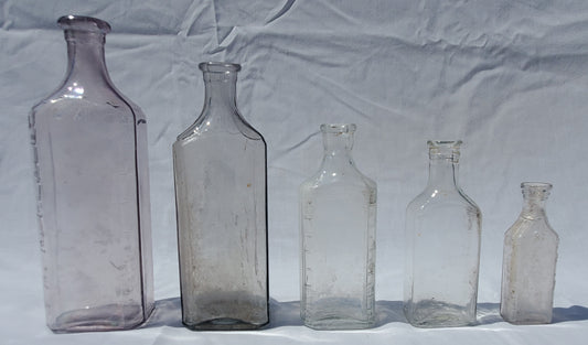 5 Antique Apothecary / Pharmacy Bottles – Lavender & Clear Glass – 1800s/1900s